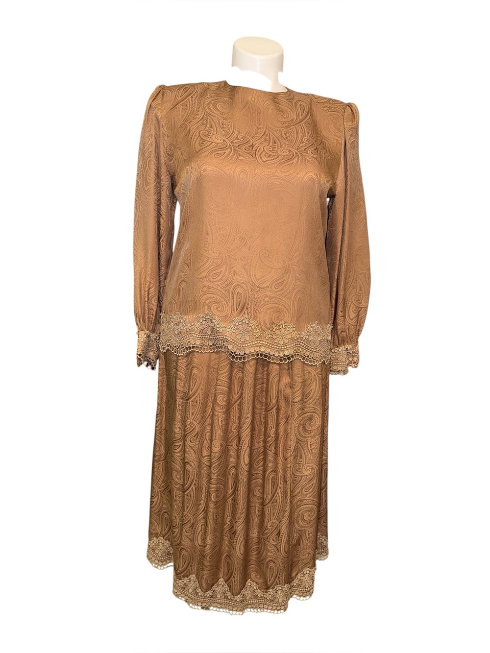 Vintage Brownstone Studio New York Women's Silk Skirt and Blouse Set - Tan